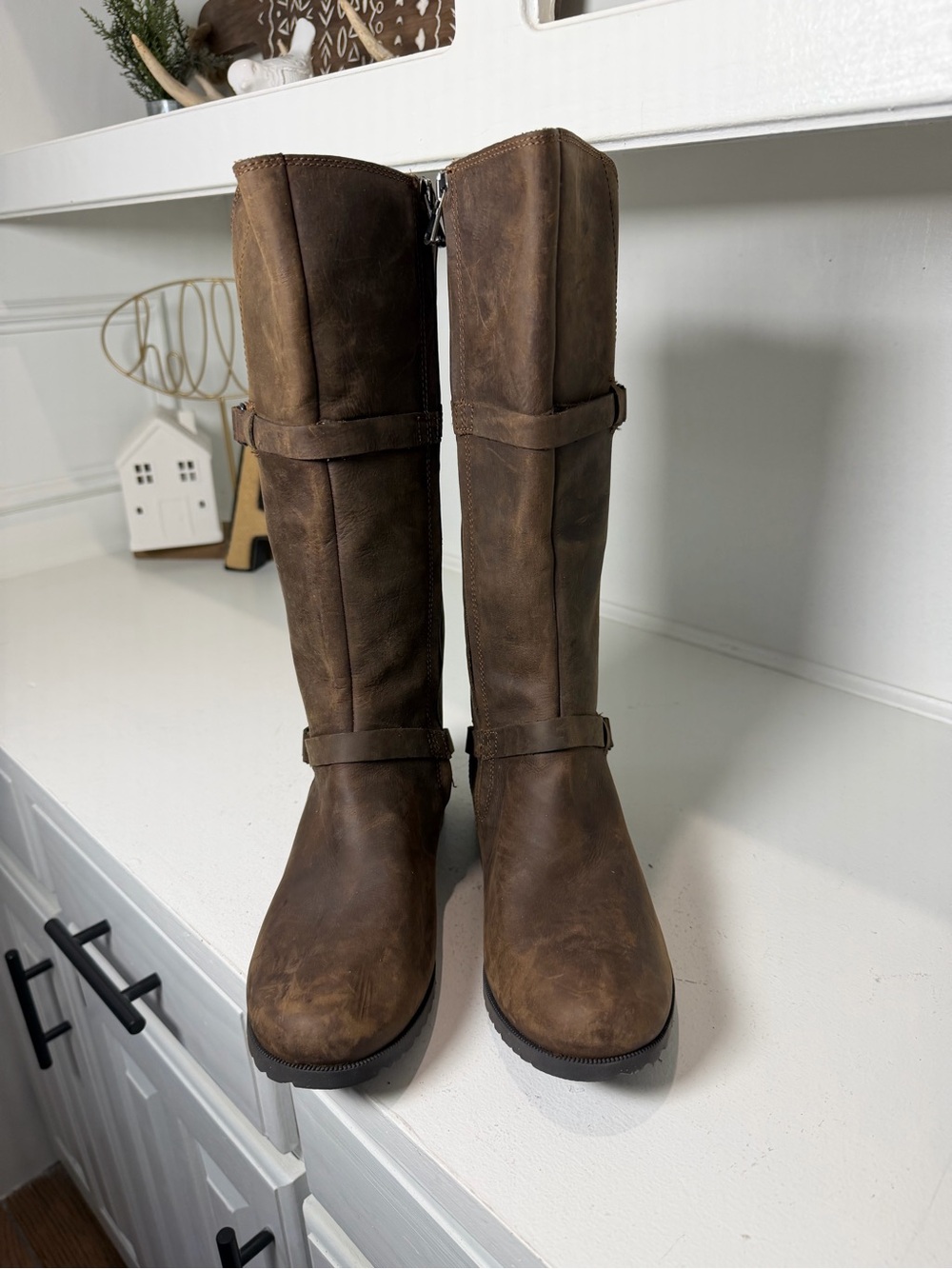 Teva De La Vina Women's 7.5 Waterproof Brown Leather Tall Riding Boots Moto - Picture 2 of 10